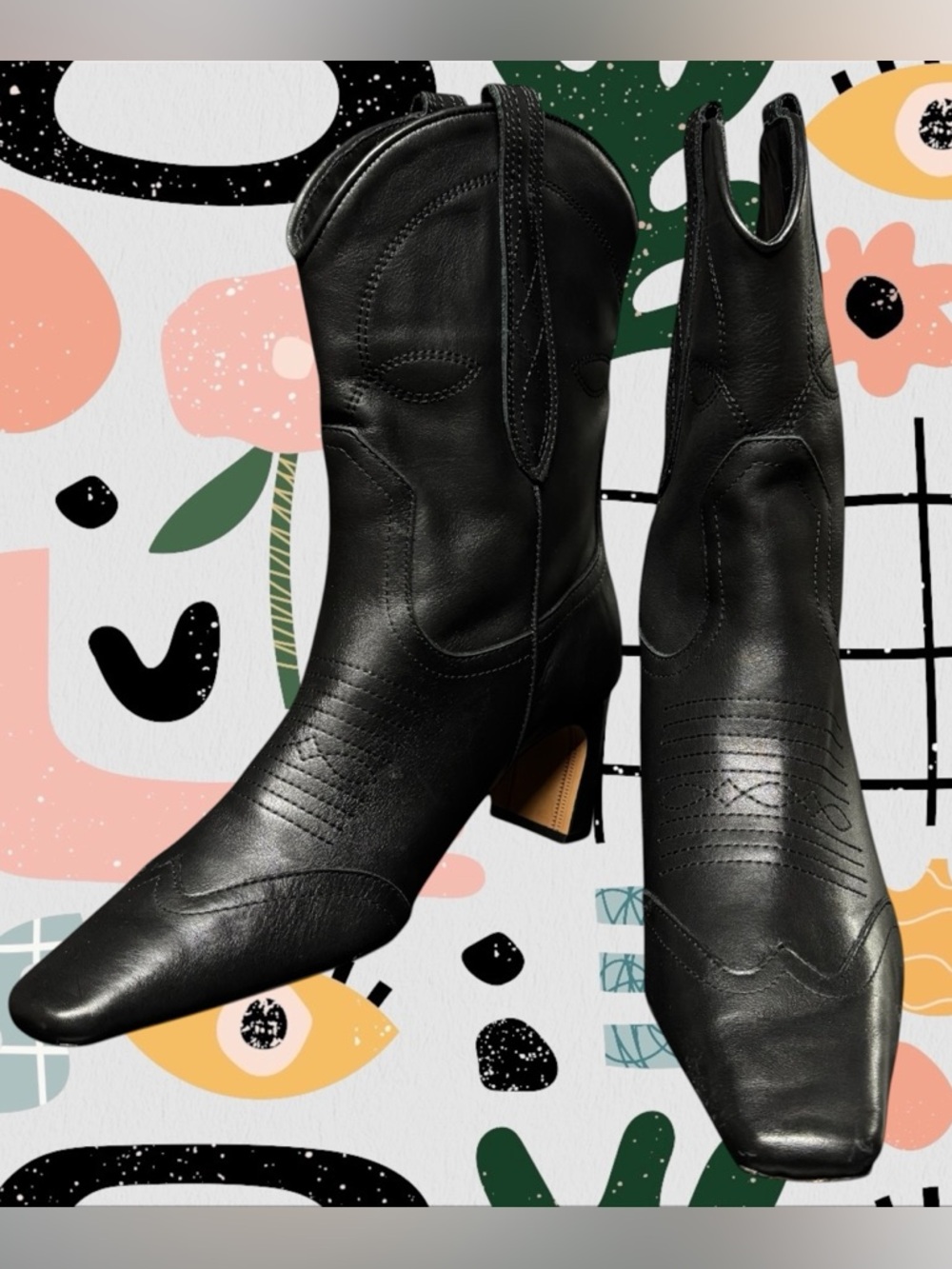 Steve Madden | Josefine Black Embroidered Square Toe Western Cowboy Boots